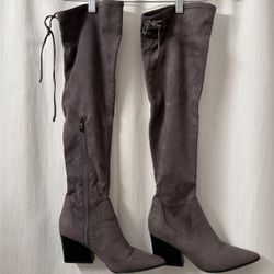 Kendall & Kylie Grey Faux Suede OTK Stretch Block Heel Fashion Boots | Size: 8M