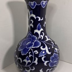 Vintage Bombay • Transferware Ceramic Vase 12” • China • Blue White Floral