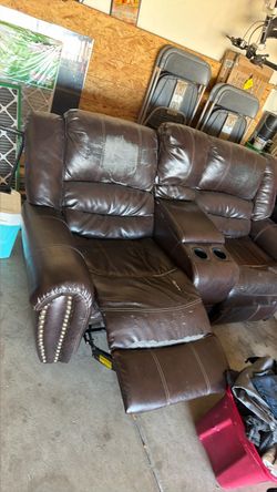 Brown Leather Reclining Loveseat with Console