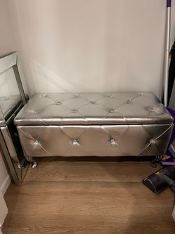38.5" Silver Storage Bench - Faux Leather with Crystal Buttons