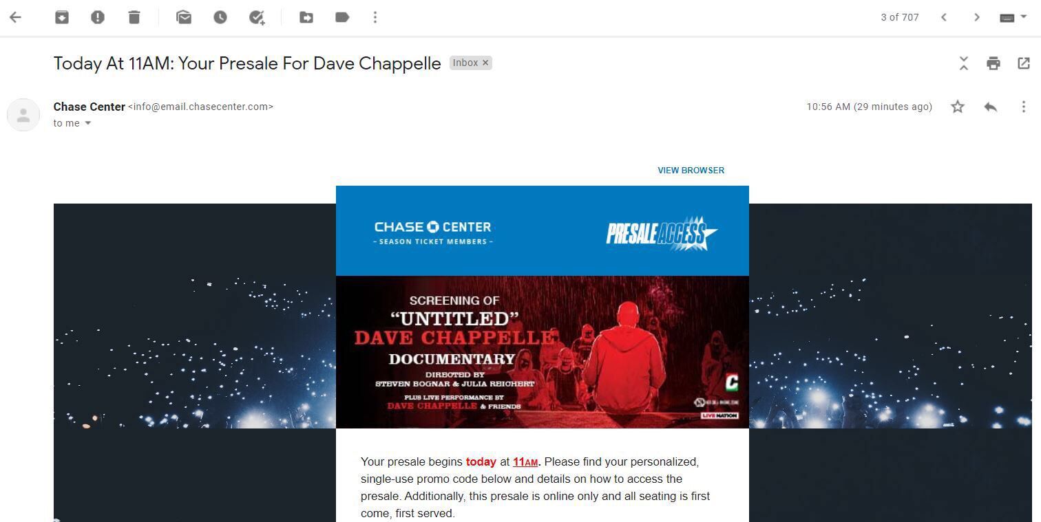 Dave Chappelle FLOOR SEATS “Untitled” Documentary Chase Center tickets