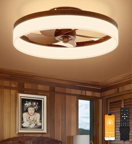Volisun 19.7in LED Modern Ceiling Fan (Woodgrain Painted And Blades) With Remote 6speed Reverse Timer Dimmable Open Box Like New