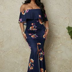 New SHEIN SXY Floral Print Off Shoulder Ruched Slit Mermaid Hem Dress Size XS  2
