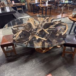 75" Teak Root Round Dining Table With Glass 