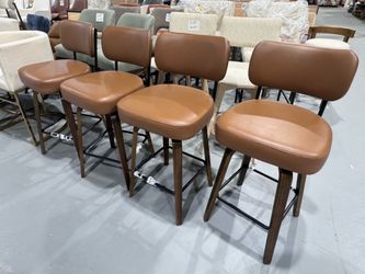 Swivel Bar Stools Set of 4, 26" Counter Height, Brown Walnut Wood Legs, Upholstered Seat, Supportive Backrest, Easy-Clean Faux Leather, Mid-Century Mo