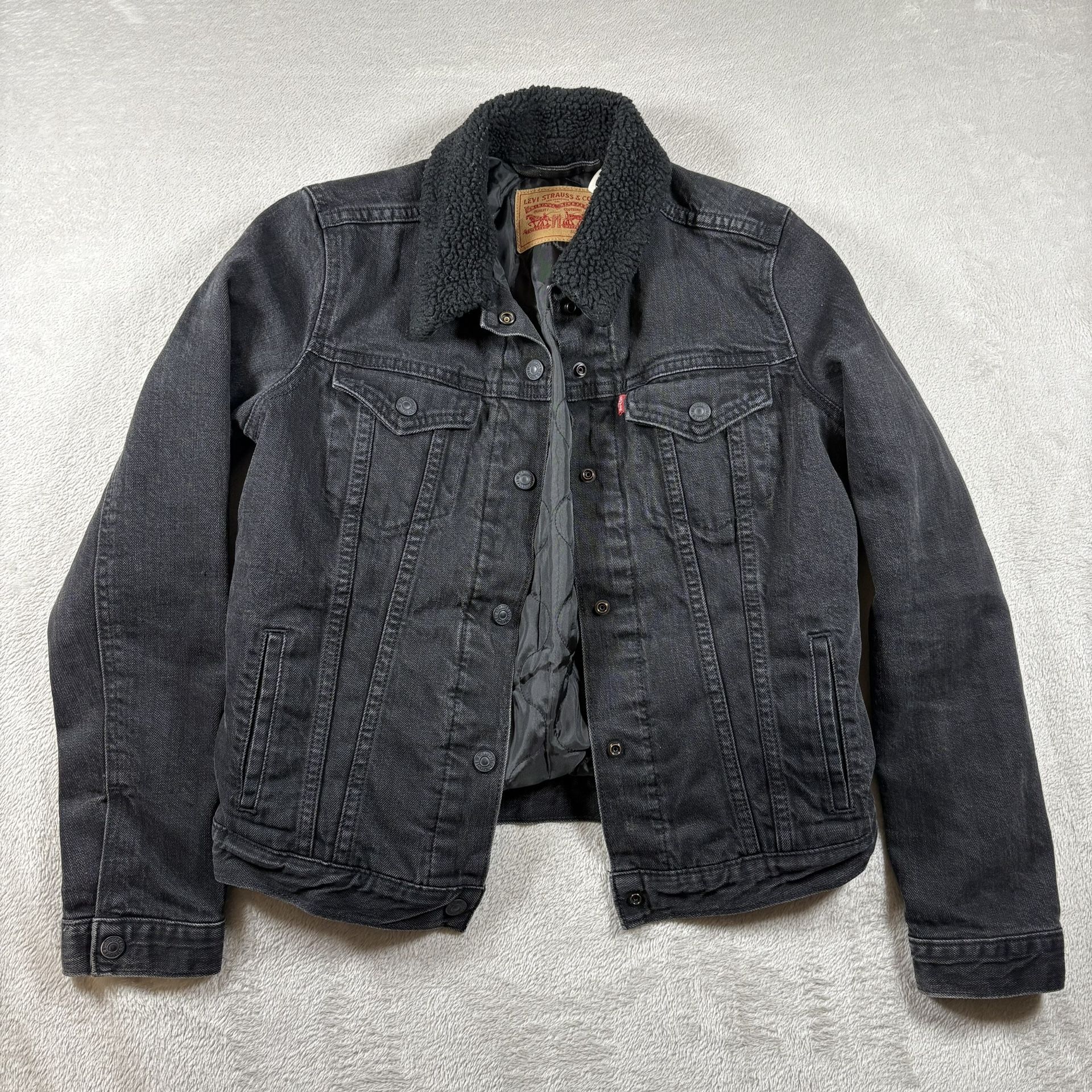 Levis Trucker Jacket Sherpa Womens M Black Denim Jean Type III Pockets #1299