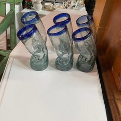 Vintage Hand Blown Cocktail Glass Set Of Six Blue Glass 