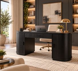 Desk 58" Fluted Office Executive Desk with Ample Storage Drawer,Black Long Computer Desk with 2 Sliding Door Shelves, Charging Station for Appliances,