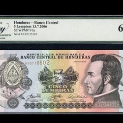 2006 5 Lempiras Banco Central de Honduras Note Legacy Gem New 66 PPQ