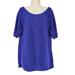 St. John Royal Blue 100% Wool Knit Short Sleeve Sweater Top, Size Large