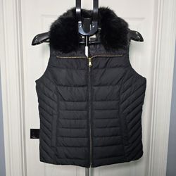 Chaleco Talbots Negro Medium Petite Plumón Cuello Pelo Sintético Puffer
