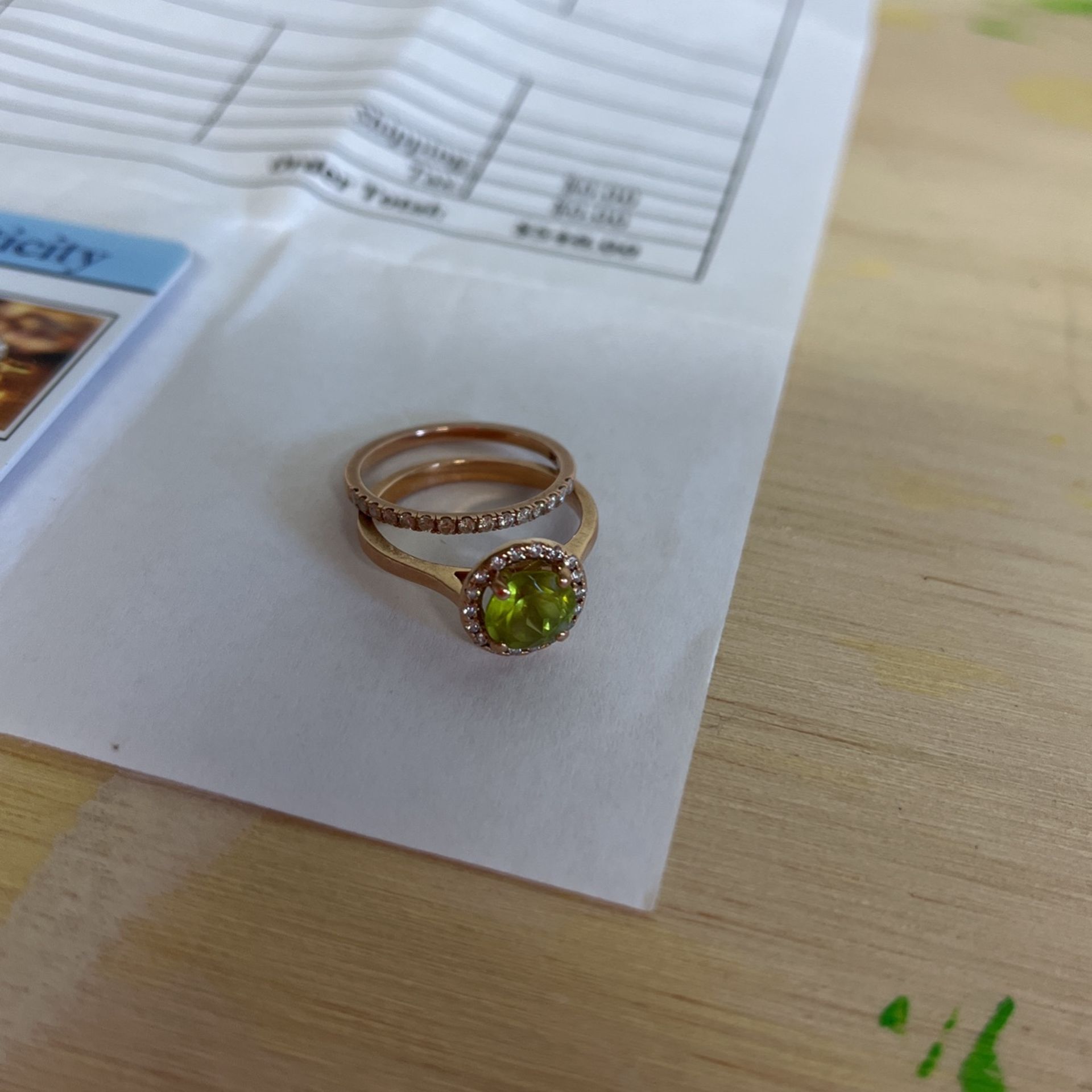 14K Rose Gold Peridot Engagement Ring & Diamond Band