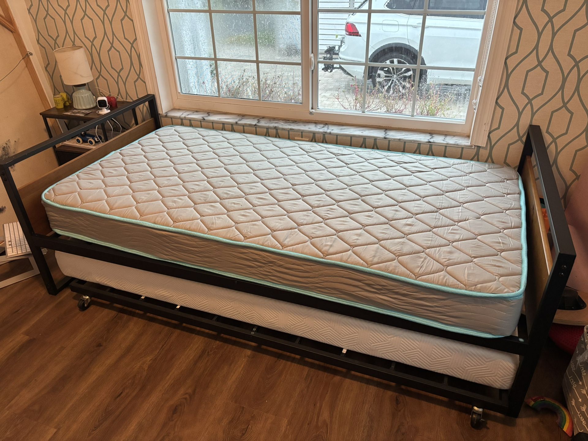 Bed Frame With Under Bed With Mattress And Nightstand 