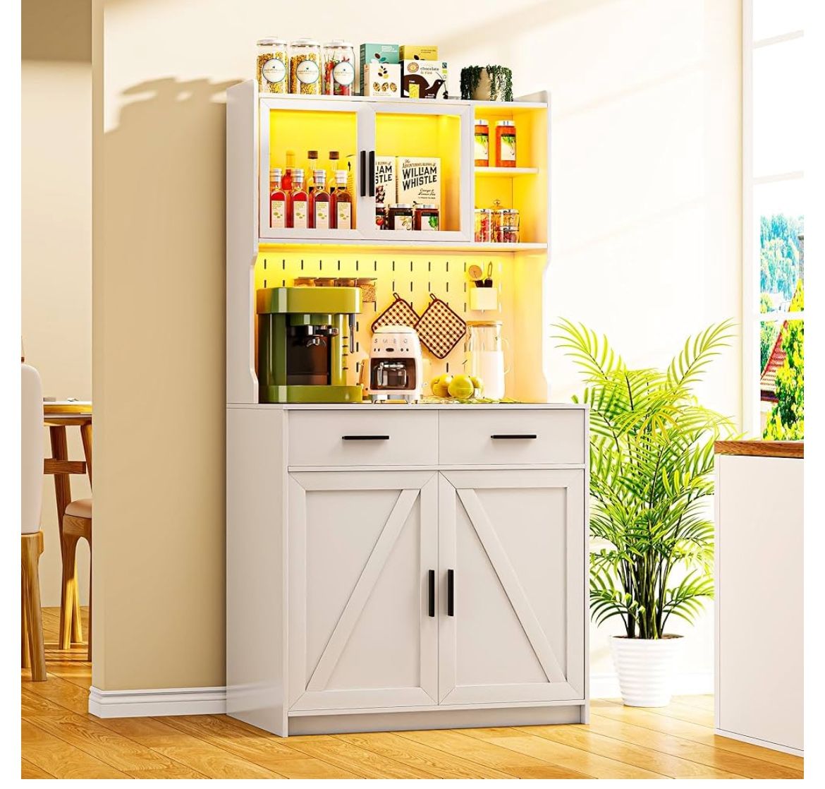 😀 64" Farmhouse Kitchen Pantry with Auto Sensor LED,Storage Cabinets with 2 Outlets for Microwave & USB-C Ports,Hutch Cabinet with Pegboard,2 Cabinet