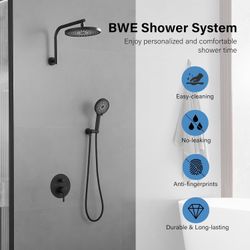 Matte Black Shower System Wall Mounted Shower Faucet Set with 10 inch Rain Shower Head and 3-Setting Shower Handheld Spray Bathroom Shower Fixtures wi