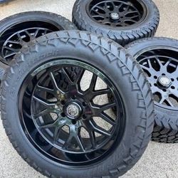 New 20x10 Black Wheels and New all terrain Tires 20” Rims 20 Rines Negros Con Llantas Nuevas Ford F150 Ram Chevy Silverado GMC Sierra Toyota Tacoma 22