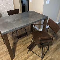 Metal Top Counter Height Table by Crate & Barrel w/ 2 Swivel Bar Chairs