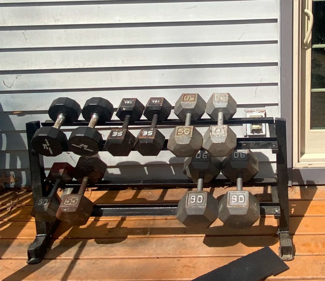 Dumbbells and Modified Dumbbell Rack(515 lbs total weight of the Dumbbells)