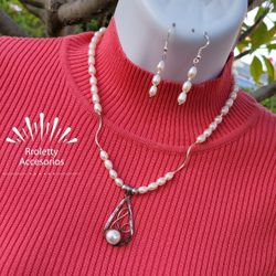 Sterling Silver 925 Necklace And Earrings Set With White Pearls