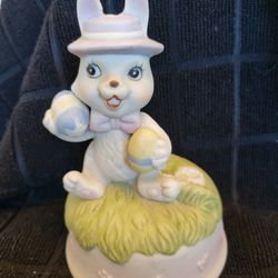 Vintage Flambo Bisque Porcelain Easter Bunny Music Box Plays Well 5.25" 