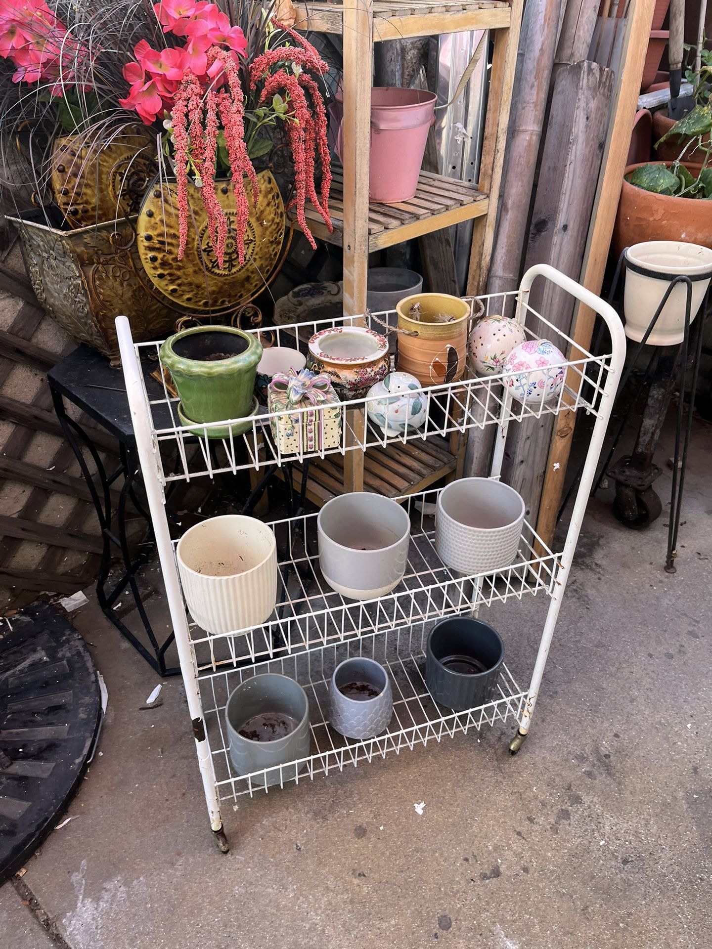 Vintage 3-Tier White Wire Rolling Cart with Brass Wheels — Original Patina & Mid-Century Charm (33”H x 22”L x 10”D)  ⸻  Description:  This authentic v