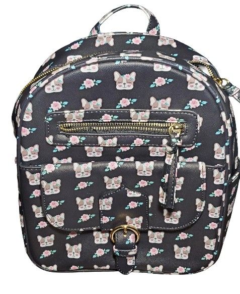 Under1Sky Women’s Mini Backpack Black Faux Leather Dog Print Adjustable Straps