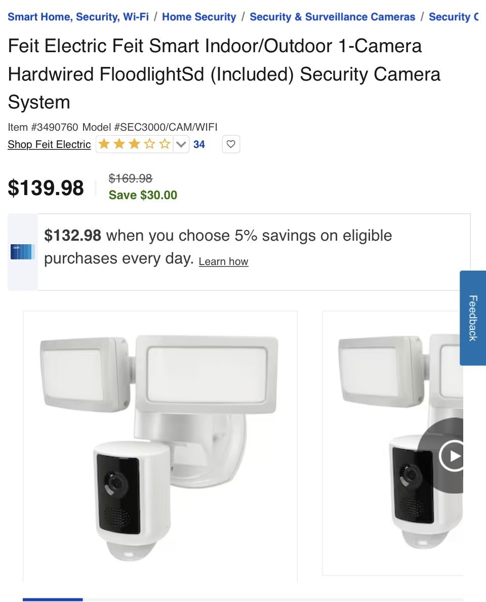Feit Electric Feit Smart Indoor/Outdoor 1Camera Hardwired FloodlightSd