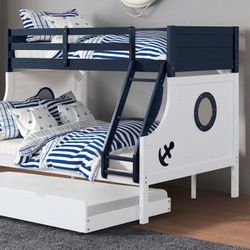 Navy Blue and White Finish Wood Twin/Full Nautical Themed Bunk Bed
