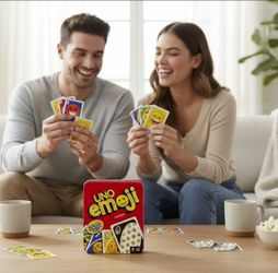 UNO Emoji Graphics Card Game Modern Twist Mattel Collectible Tin Complete In Tin. This image features the Mattel Games UNO Emoji Card Game, which adds