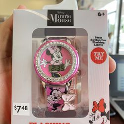 Minnie Light-up Dial LCD Watch Silicone Strap with Hanging Bow Charm, New