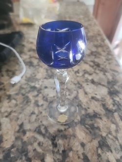 Ajka Nachtmann Bohemian Cobalt Blue Cut To Clear Crystal Cordial Glass 5.5”