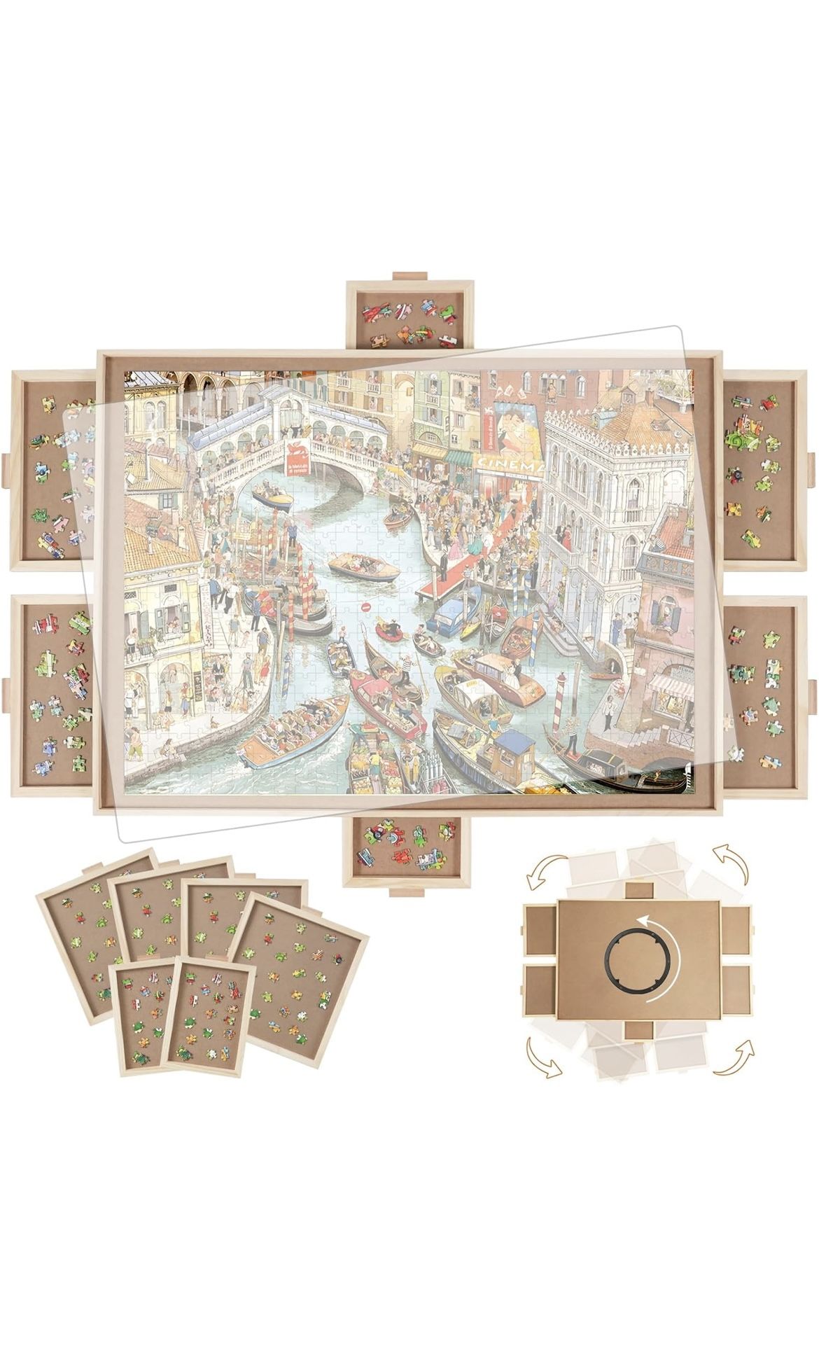 1500 Pieces Rotating Puzzle Board with 6 Drawers,34.25"x25.2" Portable Wooden Jigsaw Puzzle Table with Lazy Susan Spinning Cover