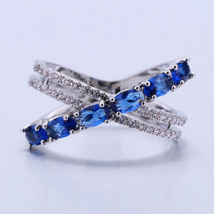 "Oval Royal Blue Anillos Unique Three Lines Silver Ring for Women, VIP272
  
 