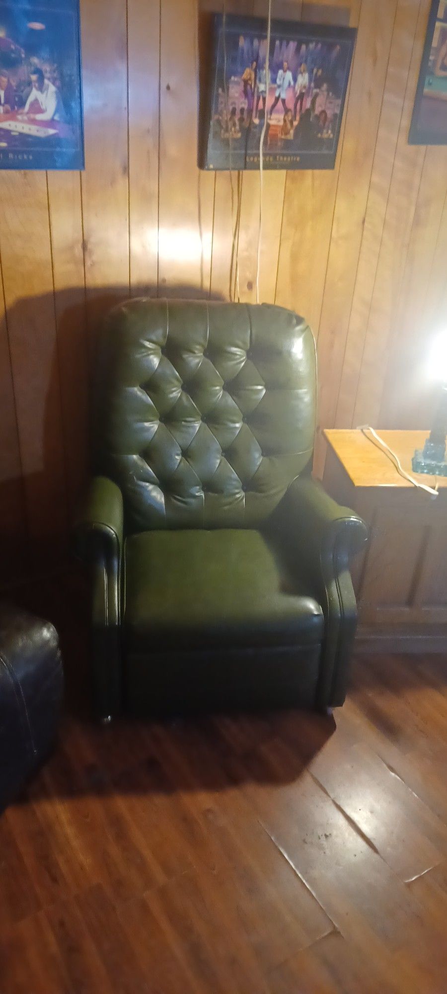 Vintage Push Back Green Leather Recliner On Casters