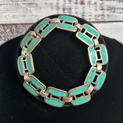 Vtg Mexico Sterling Silver 925 Turquoise Link Bracelet 8”
