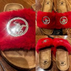 Beverly Hills Polo Club Womens Slides  Sandals RED FUZZY Fur  Size 9
