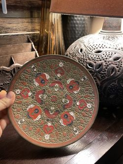 Beautiful vintage etched brass enamel decorative plate