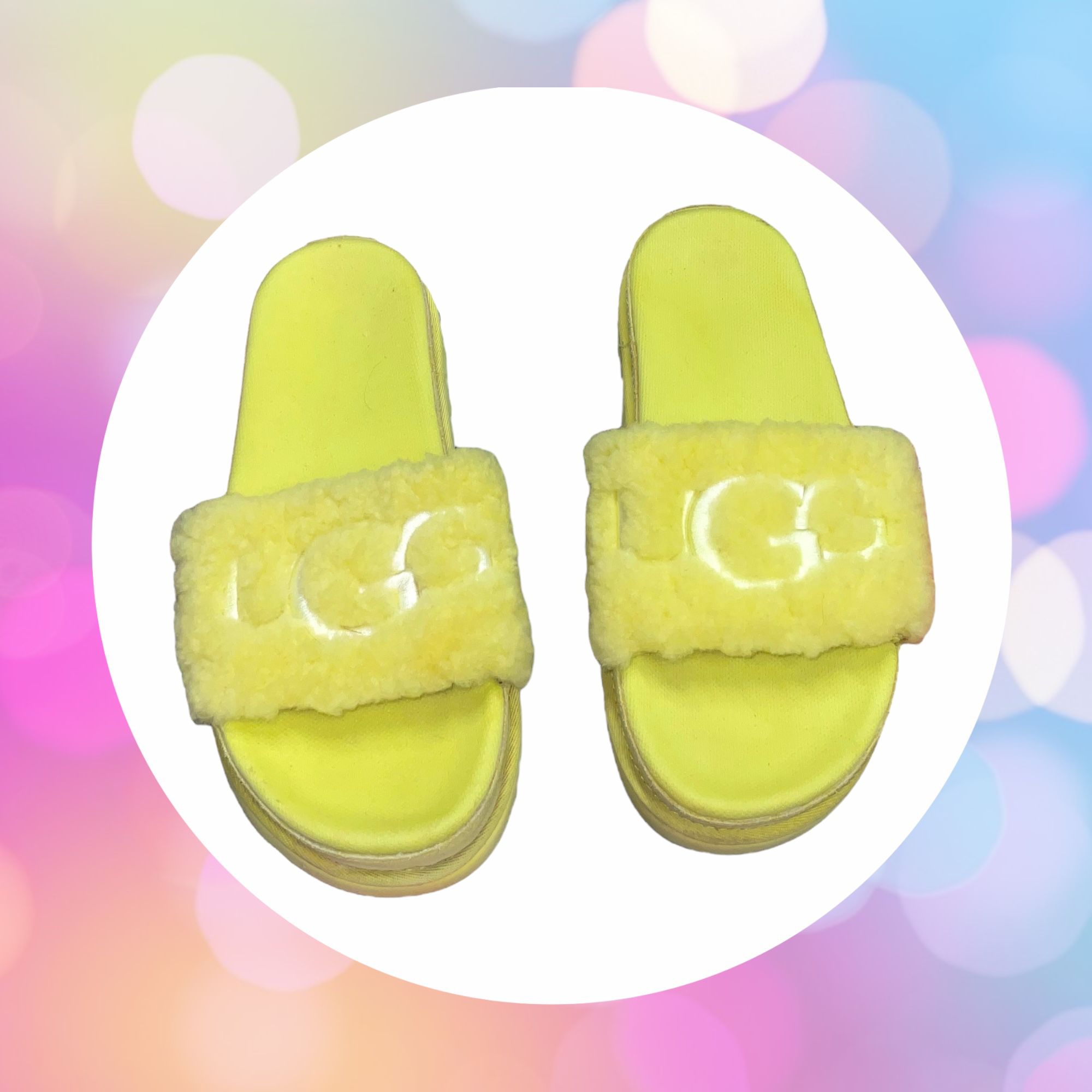 Ugg Lemon (w Some Lime) Platform Slides Slippers w Lamb Fur Women US 8