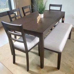 New Dark Wood Dining Set With Bench and 4 Chairs