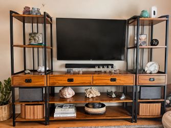 Modern Craftsman 94” Distressed Oak Entertainment Center
