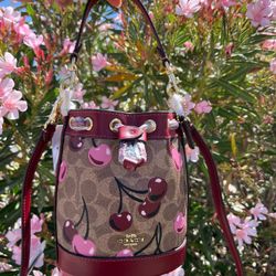NWT Coach  Bucket Bag In Signature Canvas With Cherry Print 