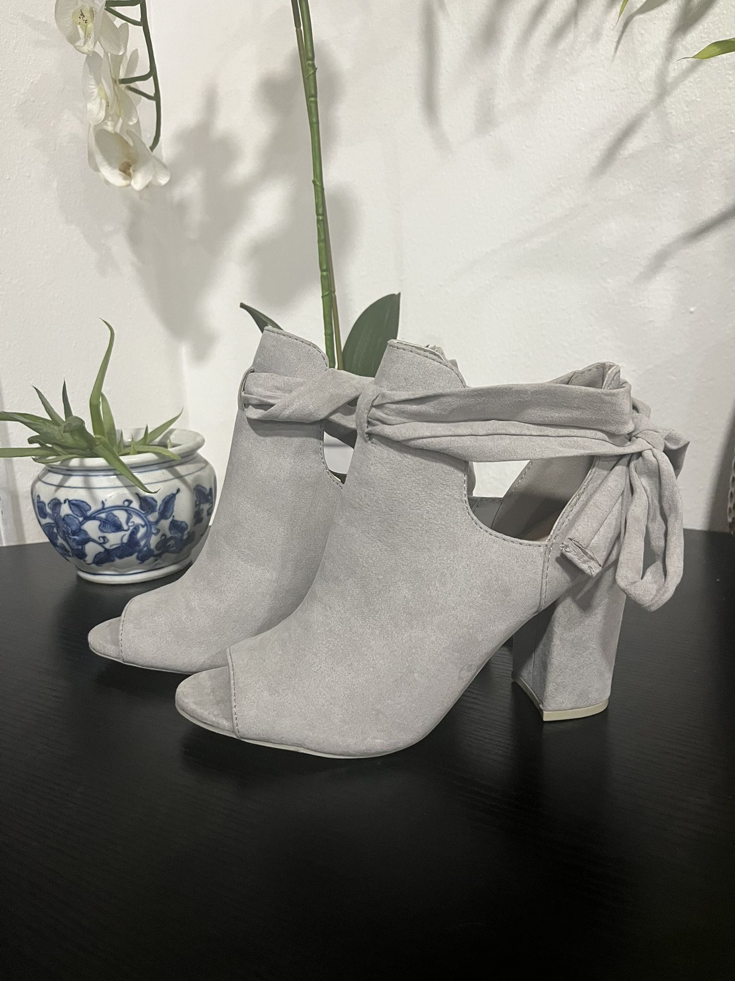 Grey Open Toe Booties Size 9