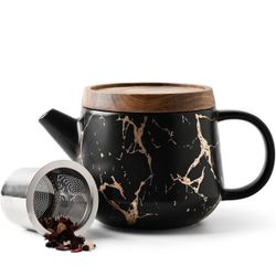 Taimei Teatime Tea Pot with Infusers for Loose Tea, 28oz Ceramic Teapot with Removable Stainless Steel Infuser and Wooden Lid, Blooming & Loose Leaf T