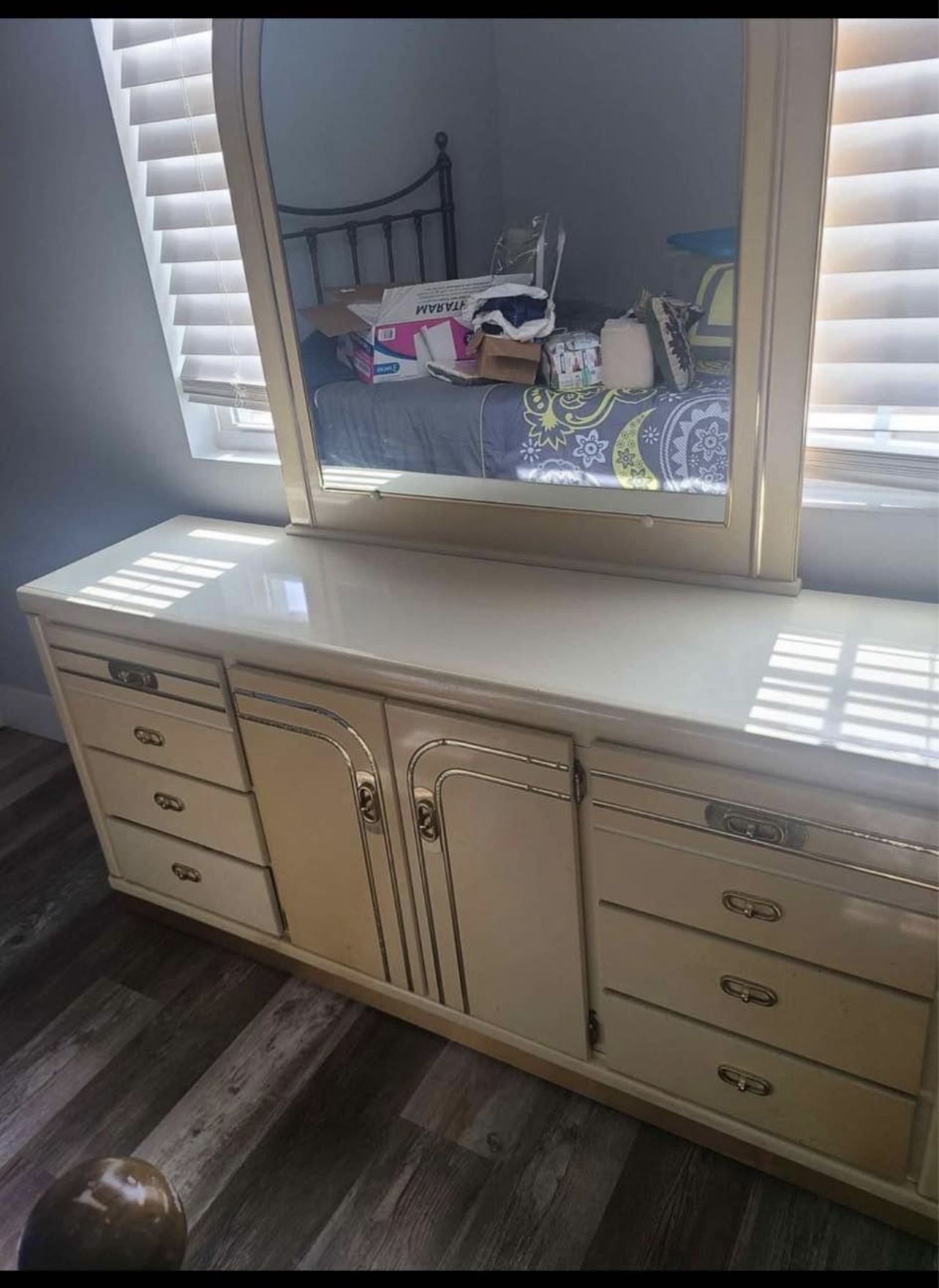 A vintage 80s art deco postmodern cream lacquer dresser