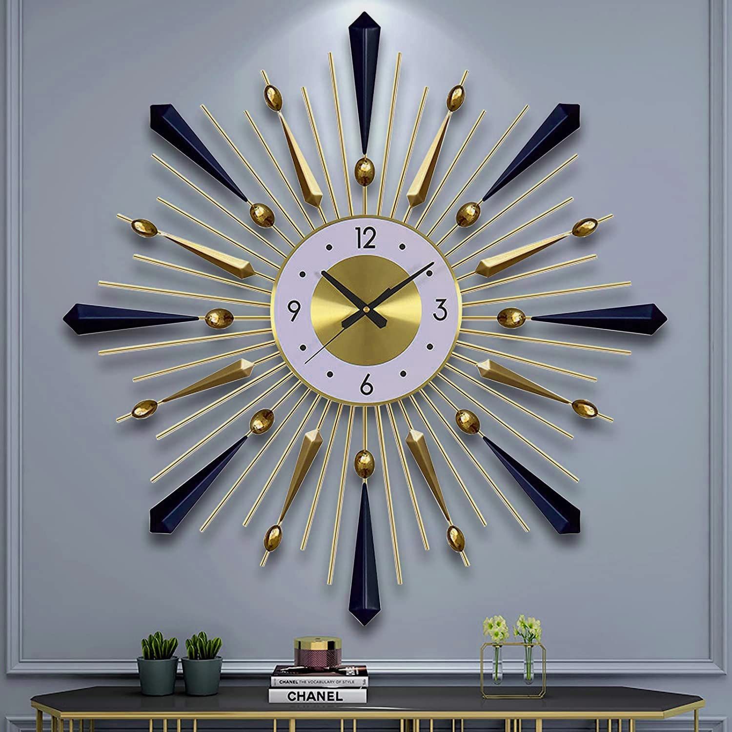 Large Starburst Decorative Wall Clock 28in Mid Century Modern Clock Big Silent Metal Sunburst Clocks for Living Room Decor