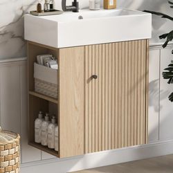 Assembled New Floating Bathroom Vanity with Sink Combo 22" Wall Mounted Cabinet with Wood Stripes