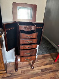 Standing Wooden Jewelry Armoire with Mirror