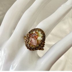 Vintage   Germany  porcelain  Fragonard couple portrait     Victorian  ring
