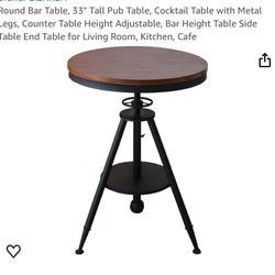 Round Bar Table, 33" Tall Pub Table, Cocktail Table with Metal Legs, Counter Table Height Adjustable, Bar Height Table Side Table End Table for Living