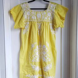 Vintage Embroidered Dress, Yellow 1960s - 1970s Handmade Dress